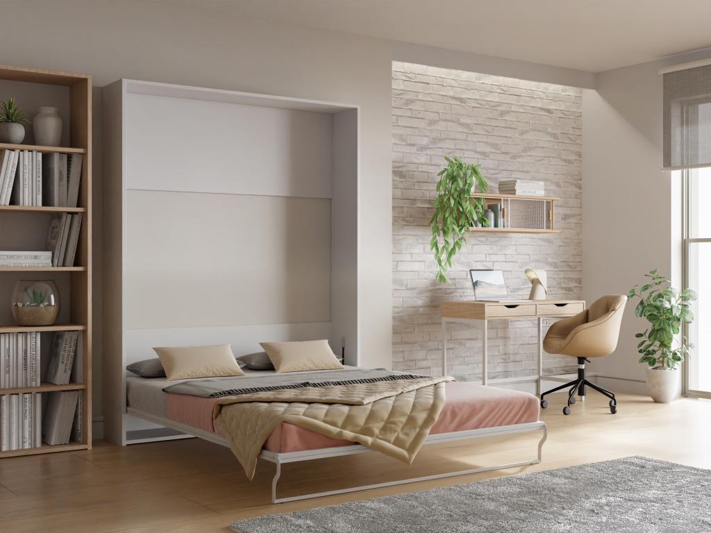 Schrankbett - 160 x 200 cm - Manuelle vertikale Öffnung - Weiß - MALINA II günstig online kaufen