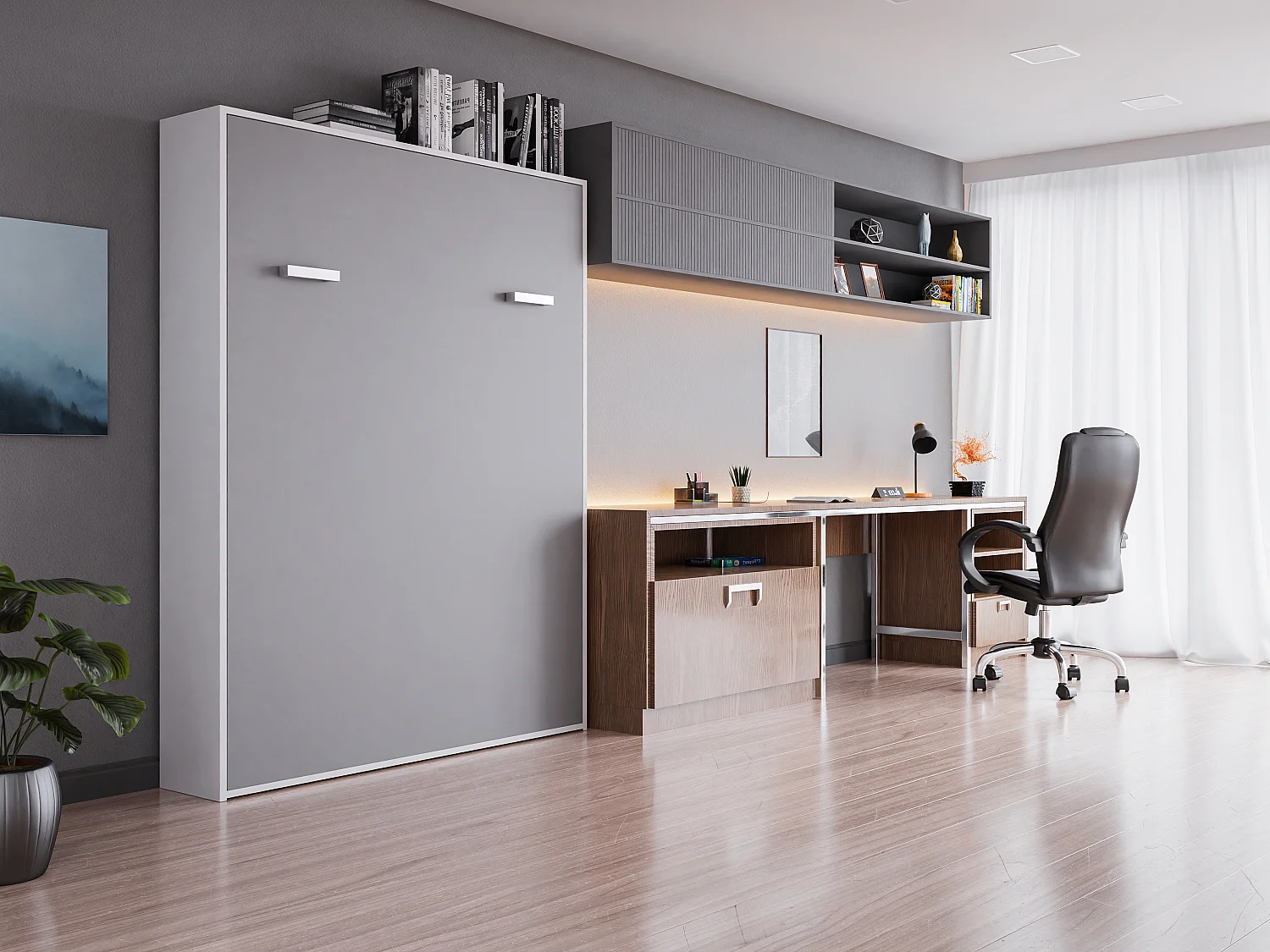 Lit escamotable 160 x 200 cm - Ouverture verticale manuelle - Blanc et gris - MALINA II