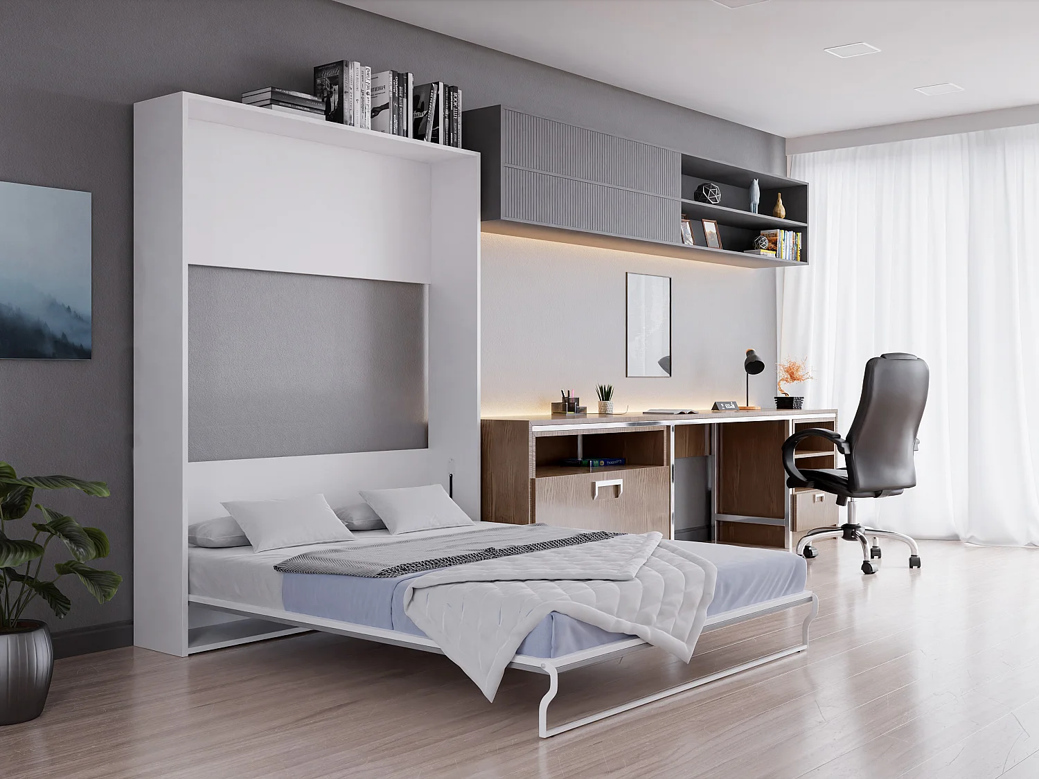 Lit escamotable 160 x 200 cm - Ouverture verticale manuelle - Blanc et gris - MALINA II