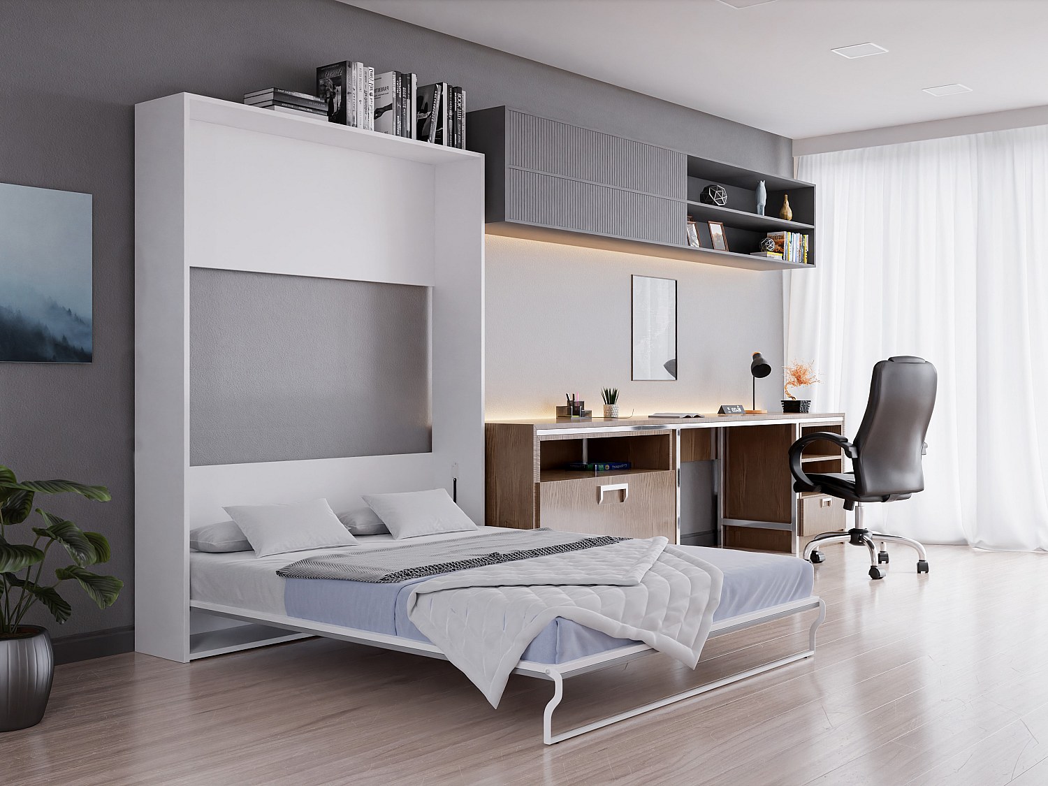 Schrankbett - 160 x 200 cm - Manuelle vertikale Öffnung - Weiß und Grau - M günstig online kaufen