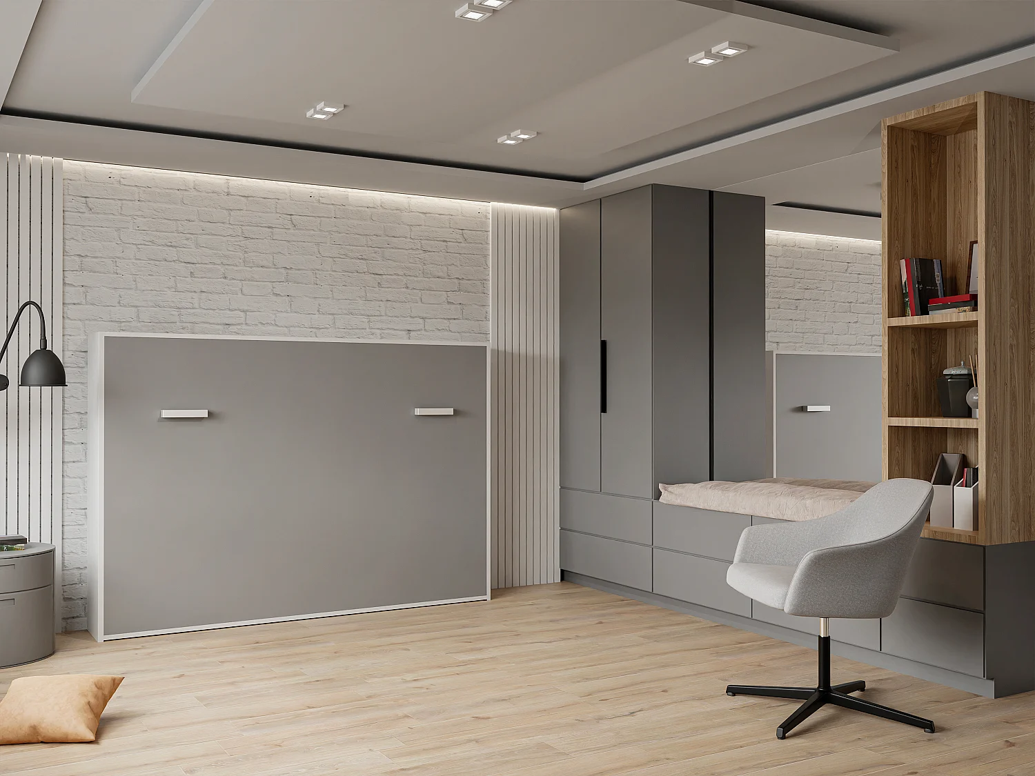 Lit escamotable 140 x 200 cm - Ouverture horizontale manuelle - Blanc et gris - MALINA II