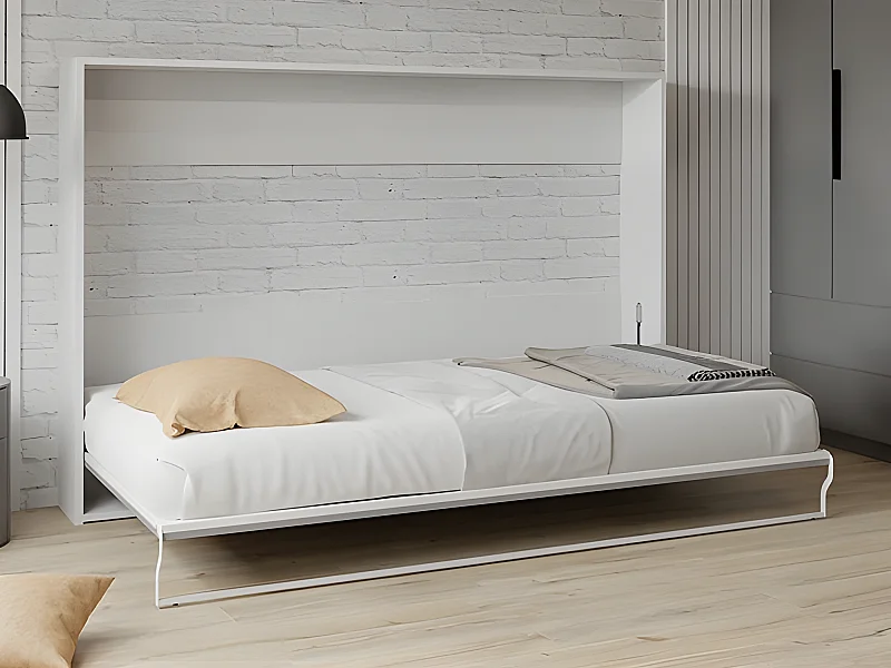 Lit escamotable 140 x 200 cm - Ouverture horizontale manuelle - Blanc et gris - MALINA II