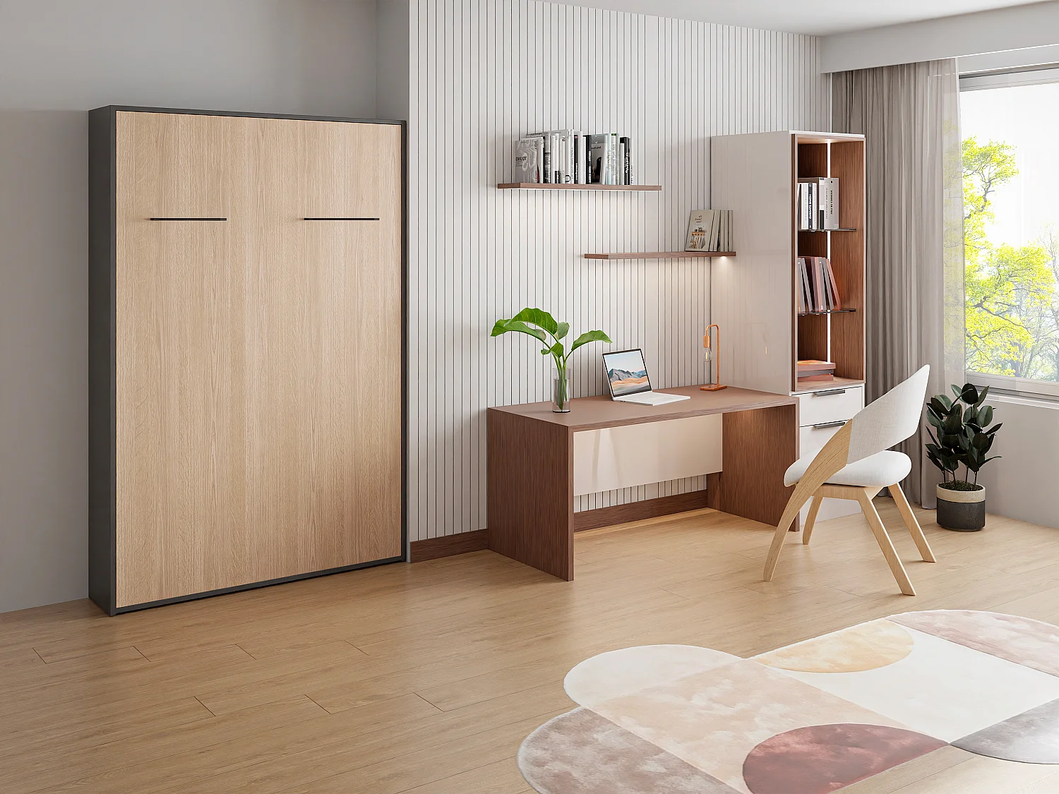 Lit escamotable 140 x 200 cm - Ouverture verticale manuelle - Coloris : Naturel et anthracite - MALINA II