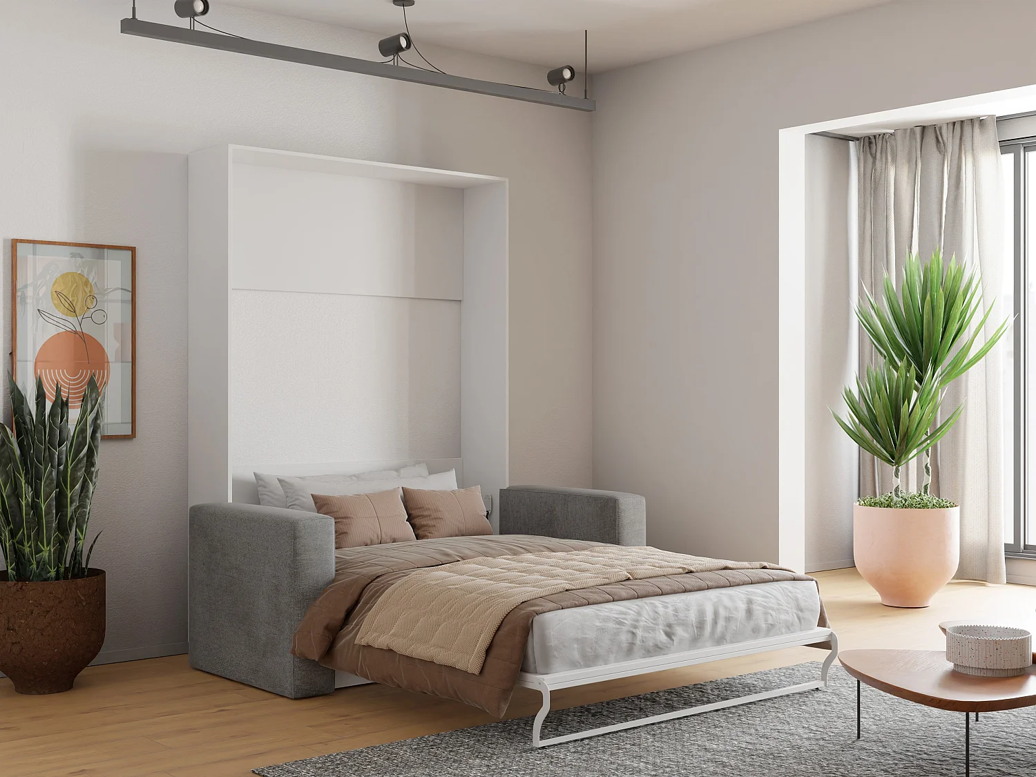 Lit escamotable canapé 140 x 200 cm - Ouverture verticale manuelle - Blanc et gris - VACIALA II