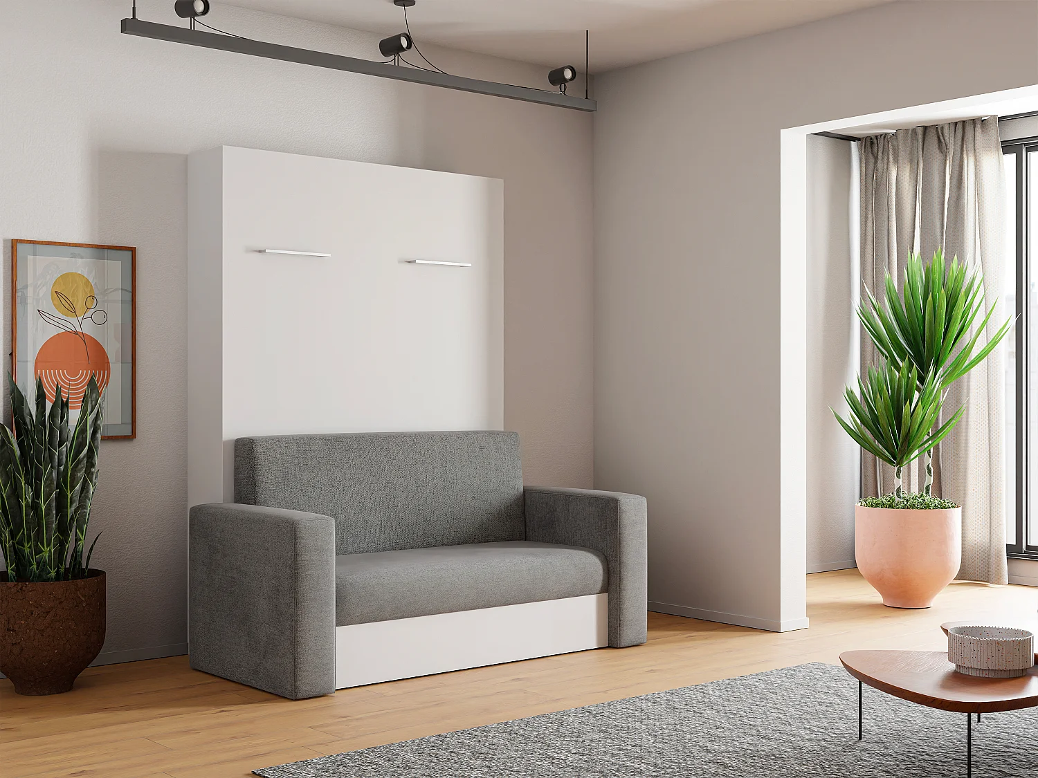 Schrankbett mit Sofa & manueller vertikaler Öffnung - 140 x 200 cm - Grau & Weiß - MALINA