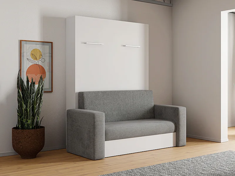 Lit escamotable canapé 140 x 200 cm - Ouverture verticale manuelle - Blanc et gris - VACIALA II
