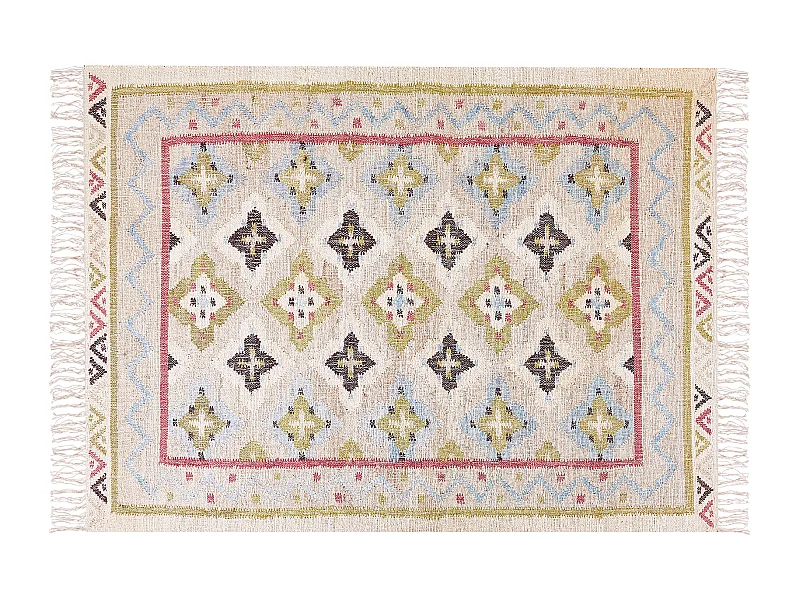 Teppich Jute beige/bunt 140x200 cm orientalisches Muster Fransen Kurzflor Terkos