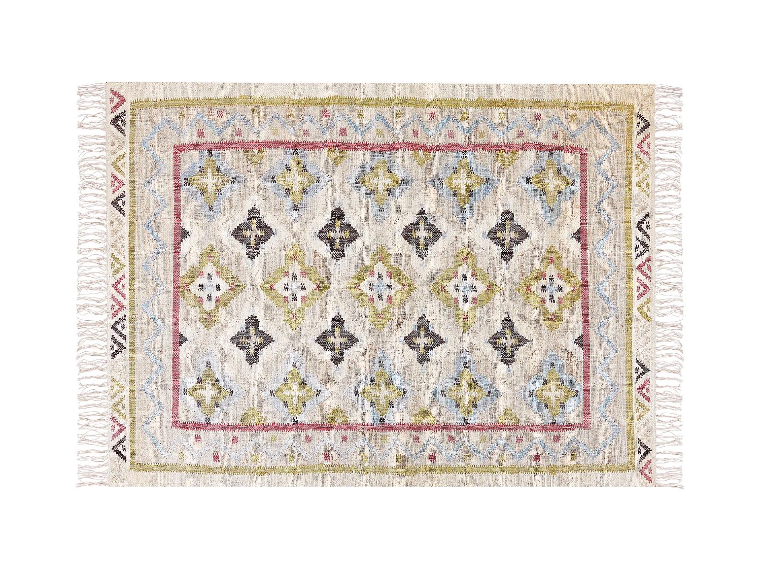 Teppich Jute beige/bunt 140x200 cm orientalisches Muster Fransen Kurzflor Terkos