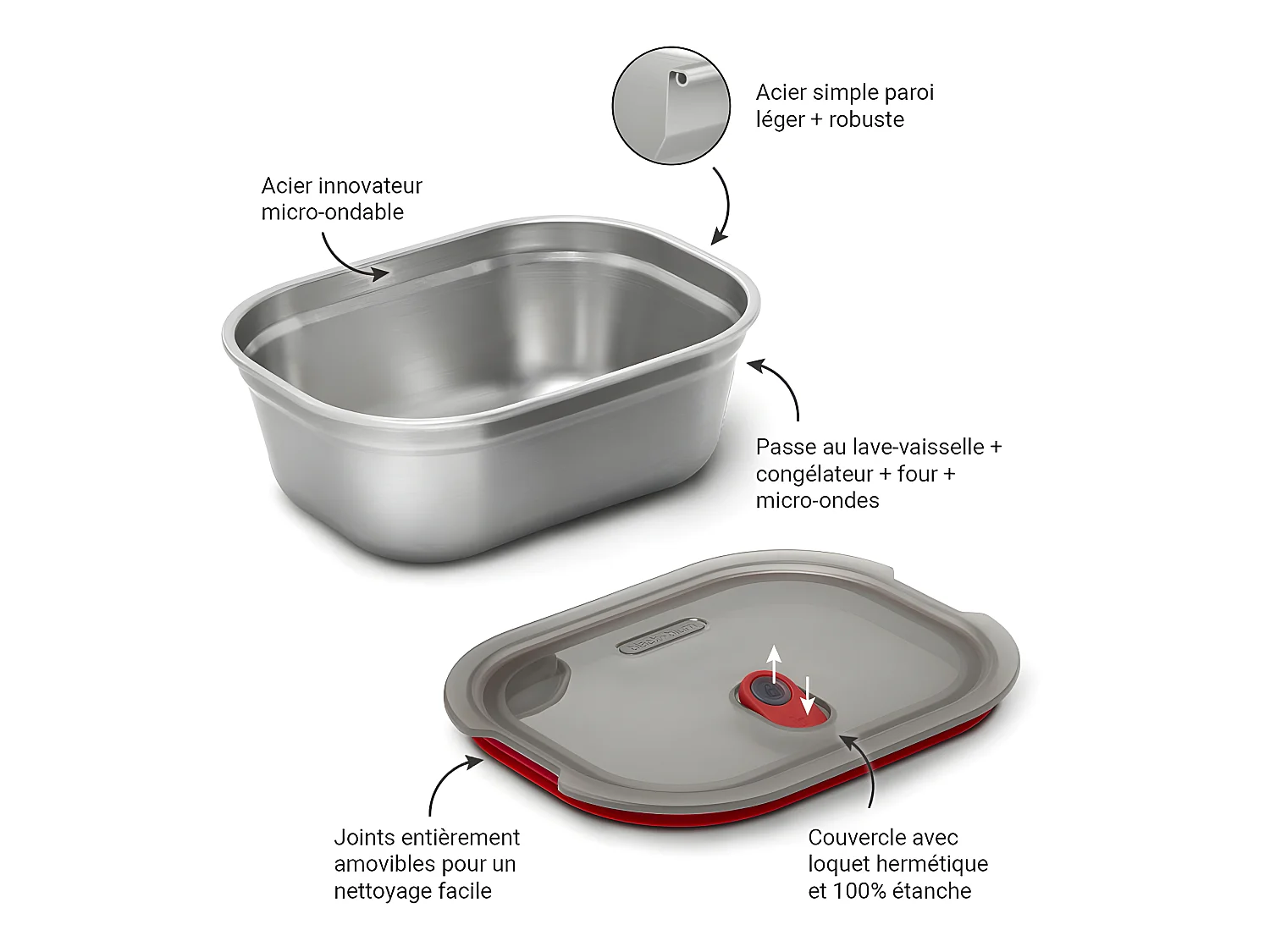 Lunch box acier micro-ondable 900ml Argent  Black and Blum