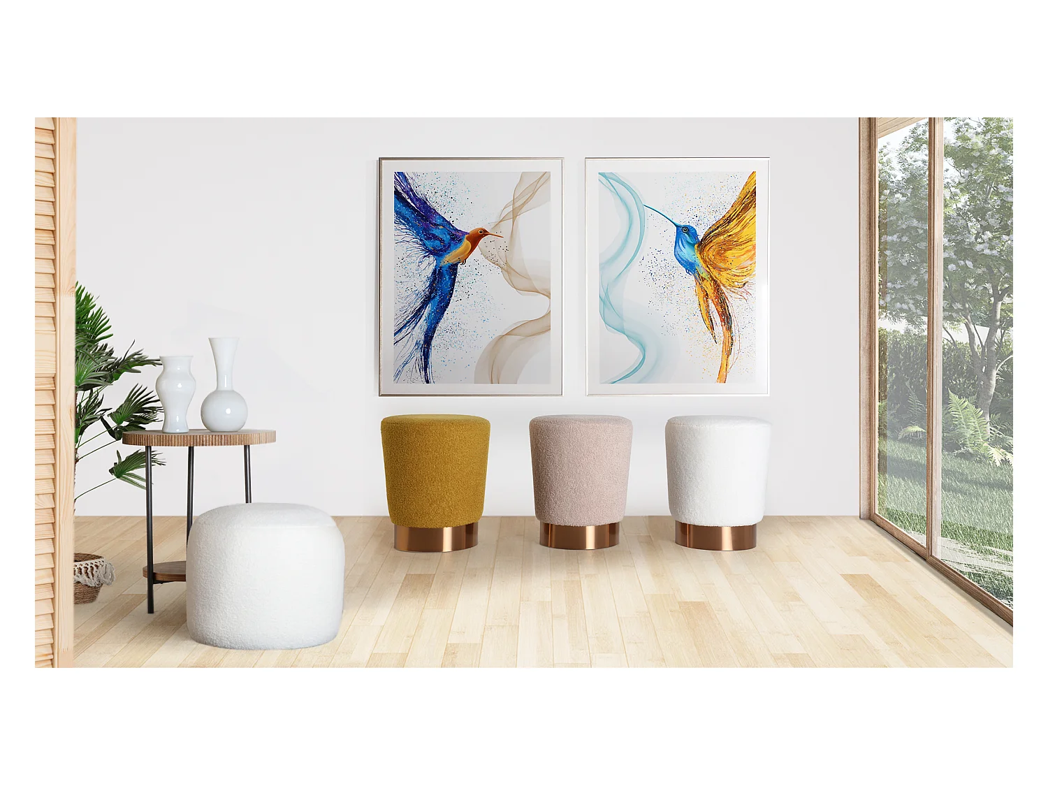 Reposapiés de algodón bouclé en color blanco de 35x35x43cm