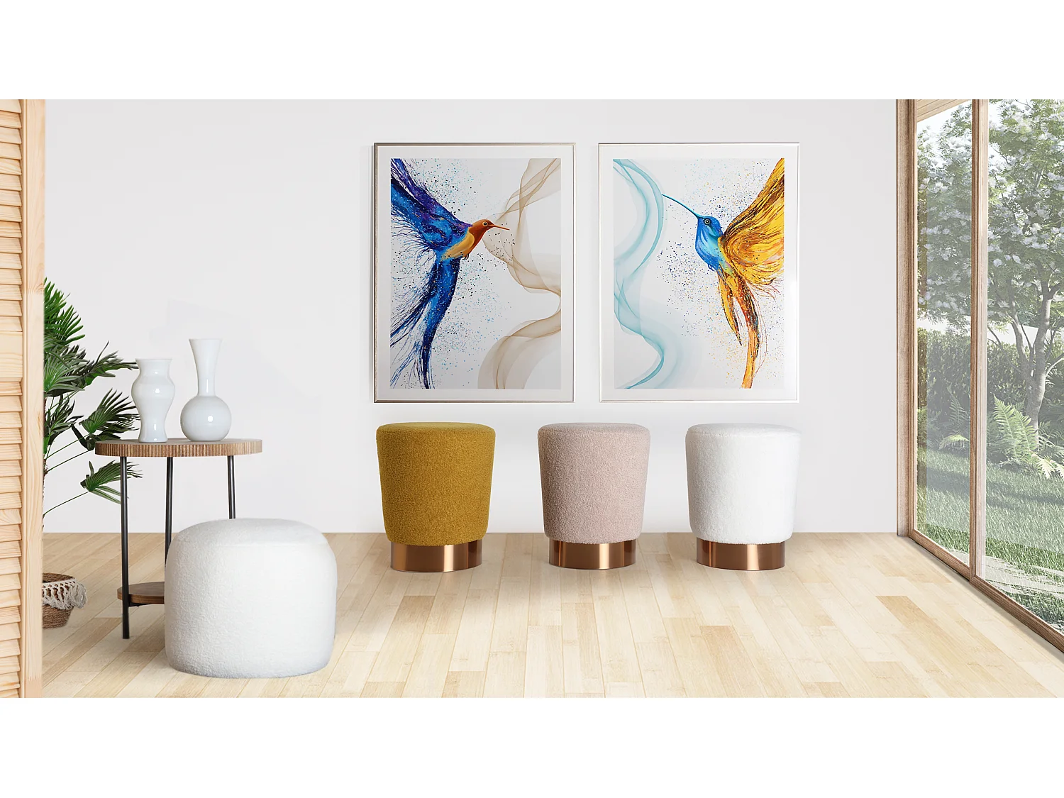 Reposapiés de algodón bouclé en color blanco de 35x35x43cm