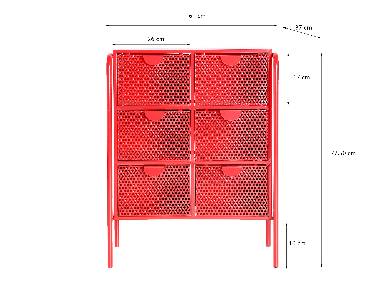 Mesita de noche de hierro en color rojo de 61x37x77cm