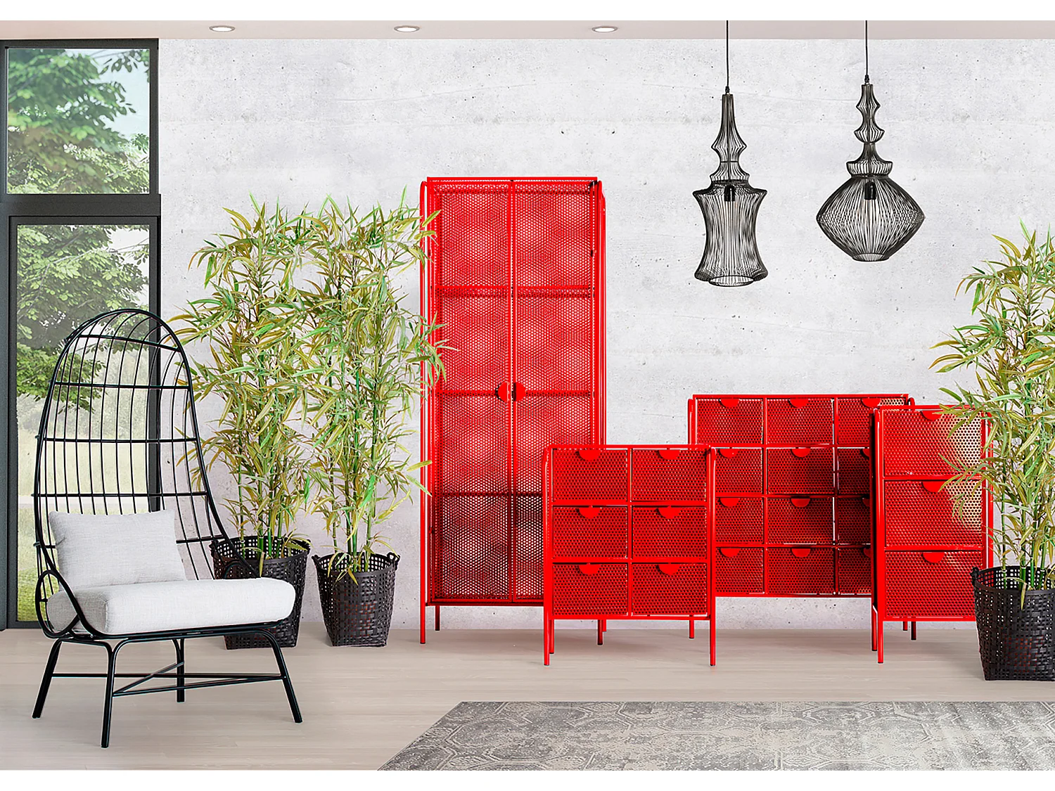 Mesita de noche de hierro en color rojo de 61x37x77cm