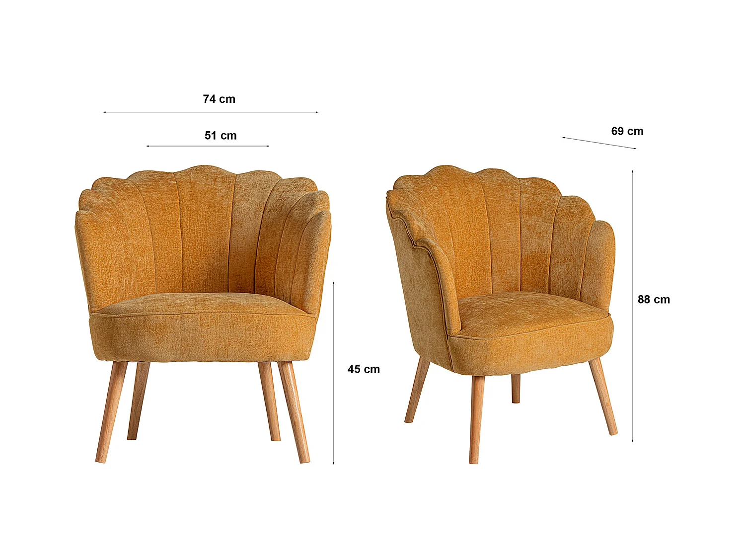 Sillón de poliéster en color ocre de 74x69x88cm