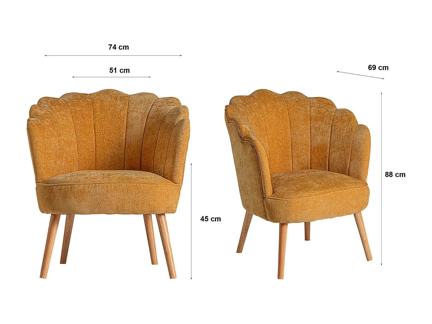 Sillón de poliéster en color ocre de 74x69x88cm