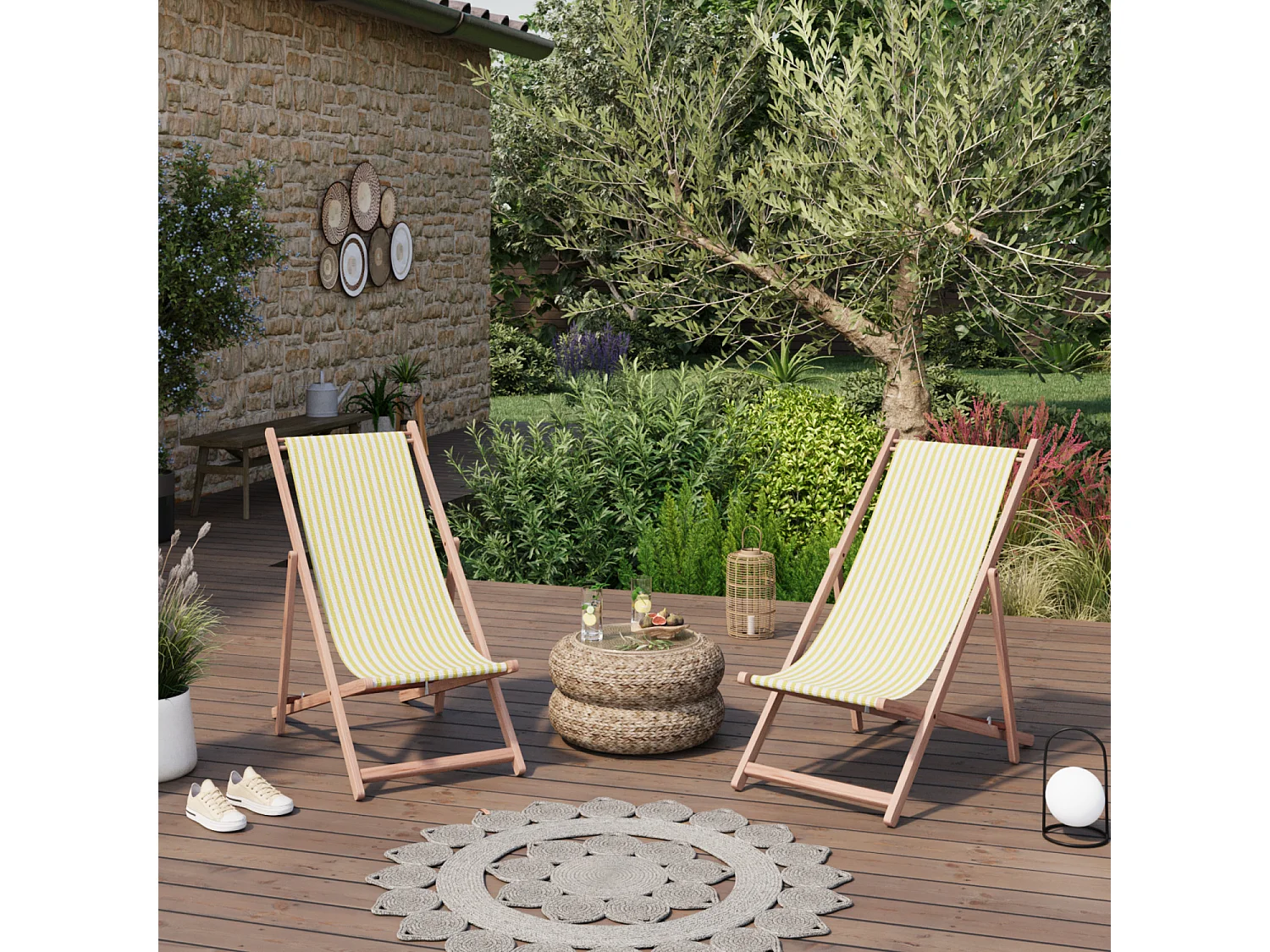 Lot de 2 chiliennes pliantes réglables - Structure hêtre toile 100 % coton amovible - LACQUY