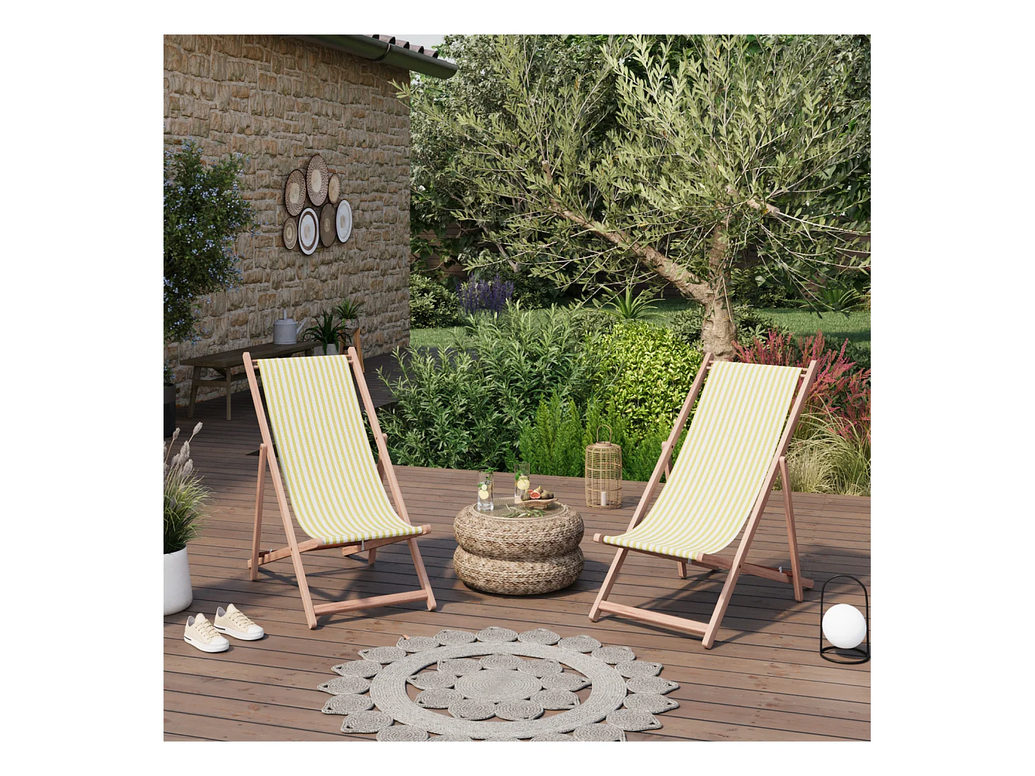 Lot de 2 chiliennes pliantes réglables - Structure hêtre toile 100 % coton amovible - LACQUY