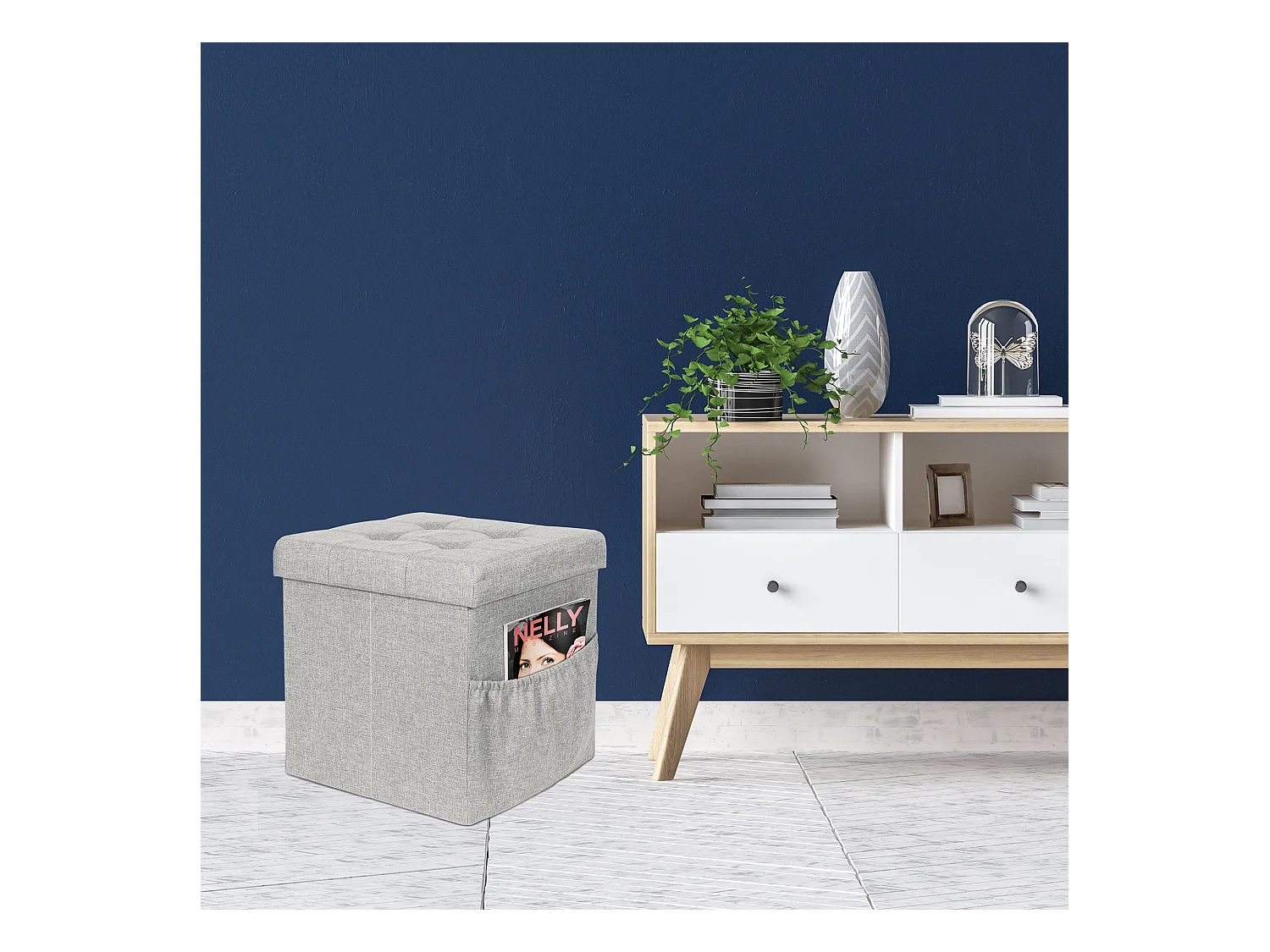 Hocker mit Aufbewahrungsbox für Zeitschriften