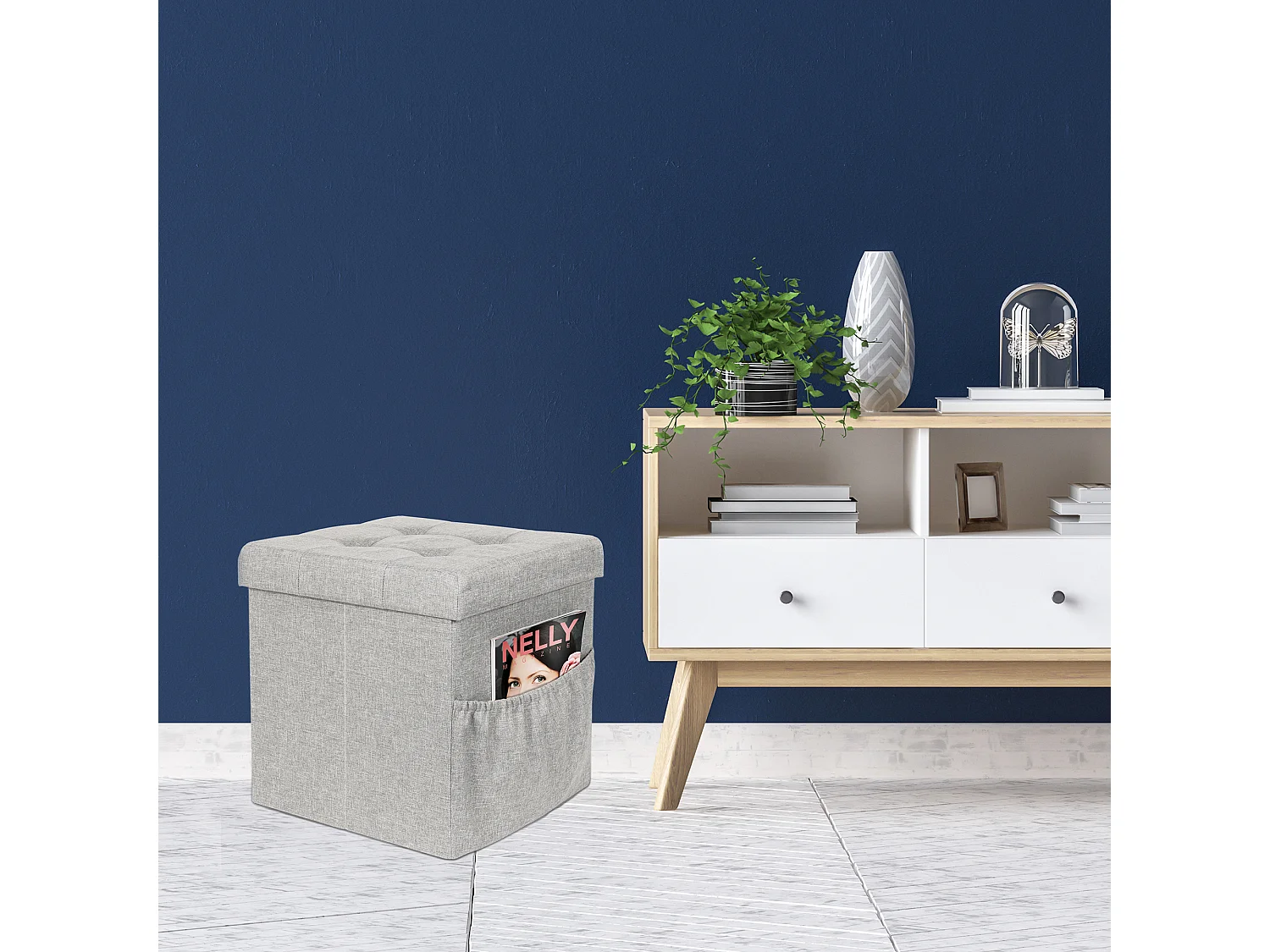 Coffre Pouf Pliable Tissu Gris Clair Gris