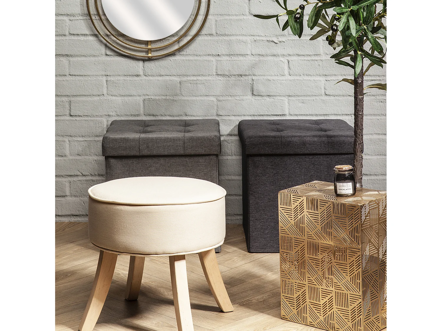 Coffre Pouf Pliable Tissu Gris Clair Gris