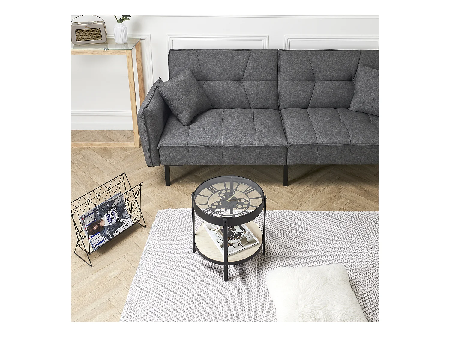 Table D Appoint Horloge 40.5x40.5x39cm Noir, Transparent, Beige
