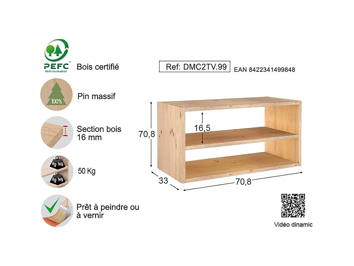 Mueble de almacenamiento de pino macizo Dinamic con estante