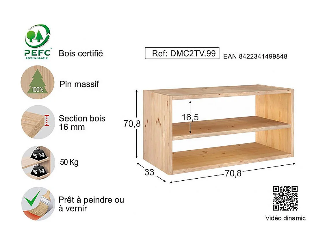 Meuble rangement avec tablette en pin massif Dinamic
