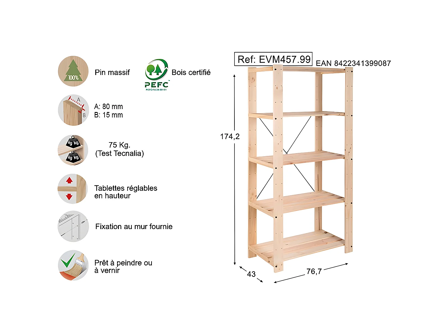 Étagère charge lourde en pin massif Evolution 5 tablettes