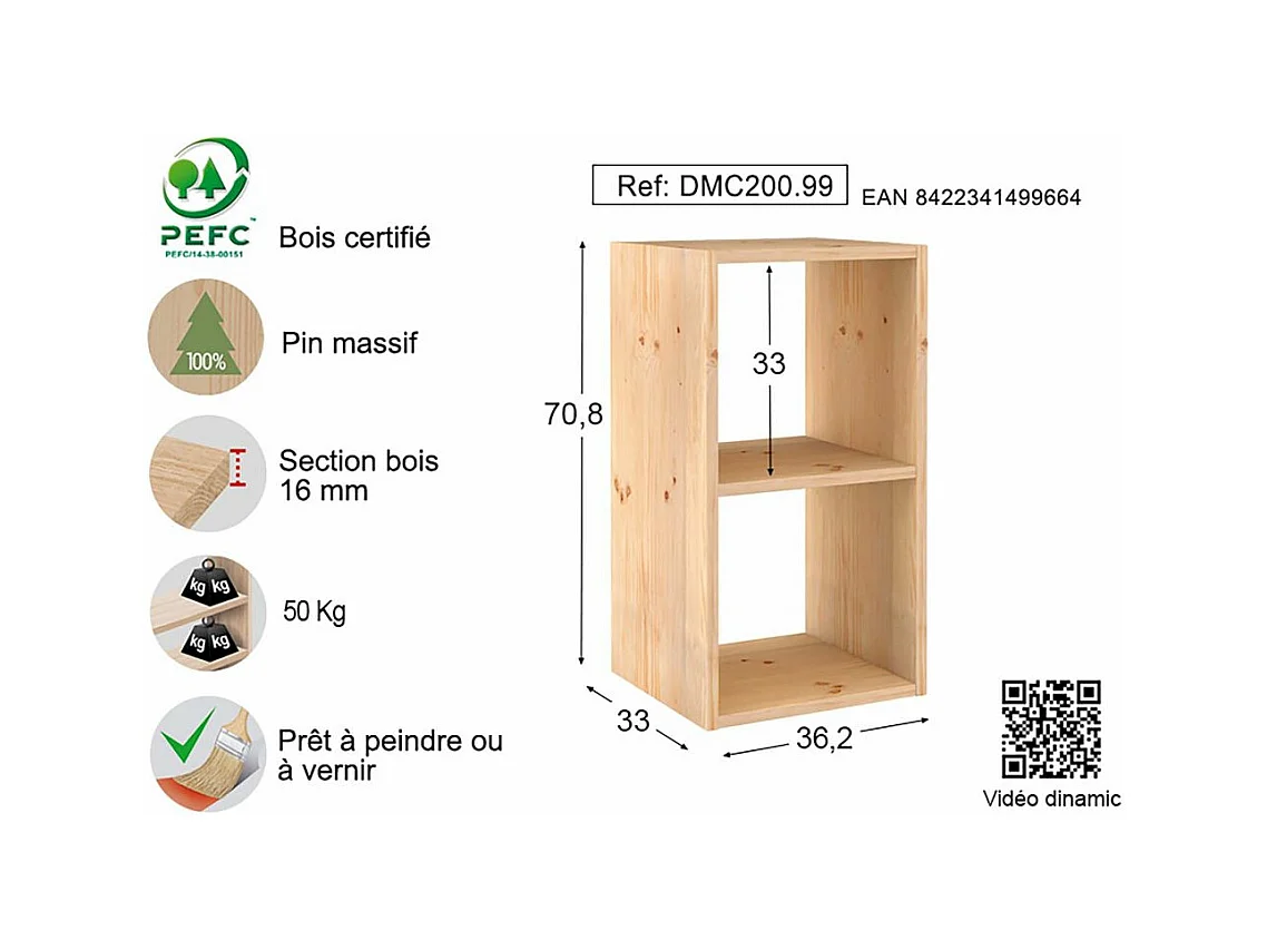 Étagère modulaire en pin massif Dinamic 2 tablettes