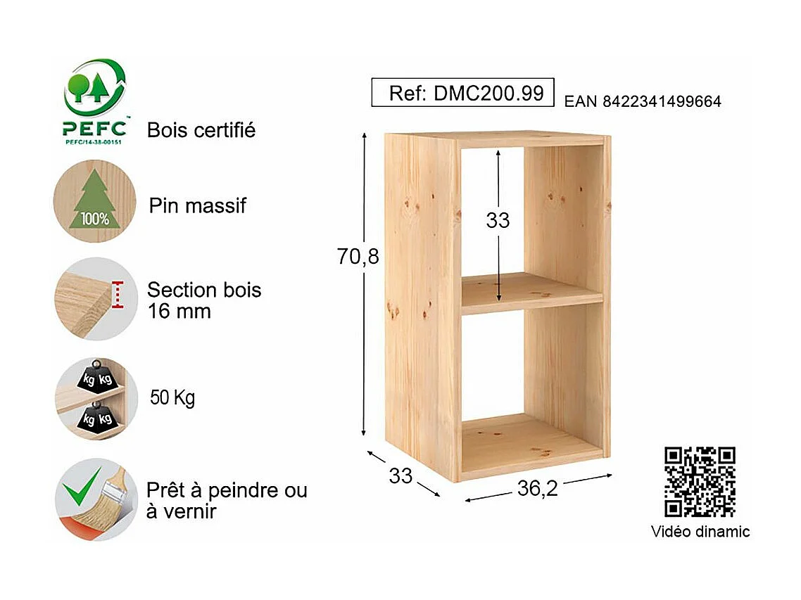 Étagère modulaire en pin massif Dinamic 2 tablettes