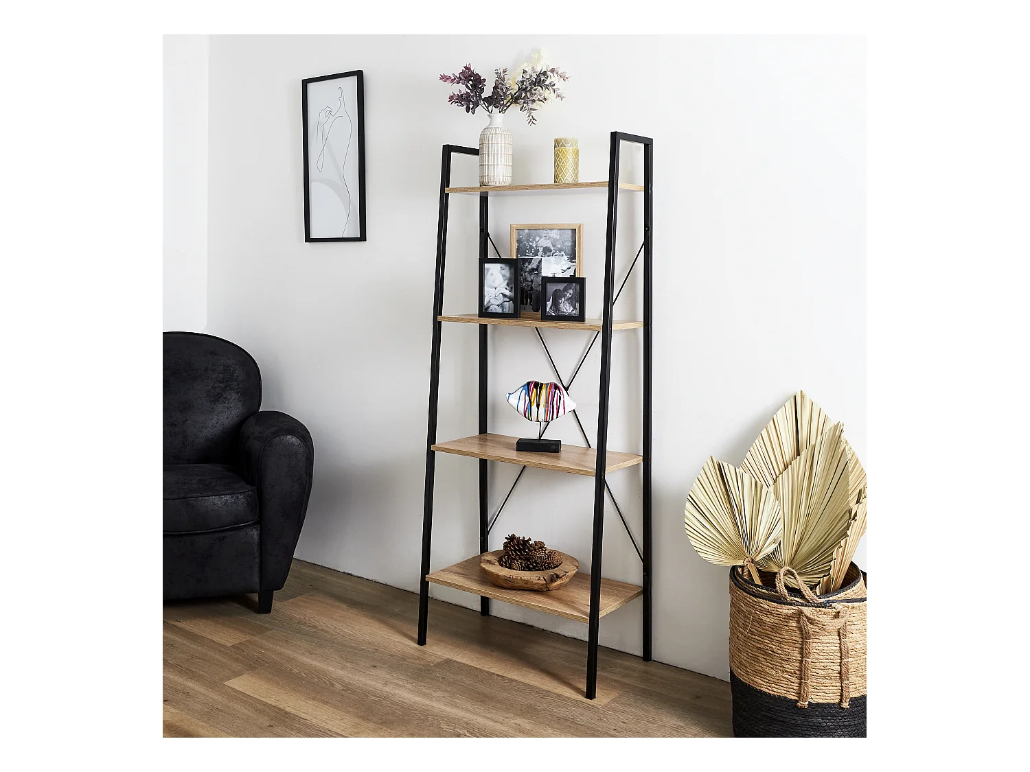 Etagere Bois Et Metal 148x60x32.5 Beige, Noir