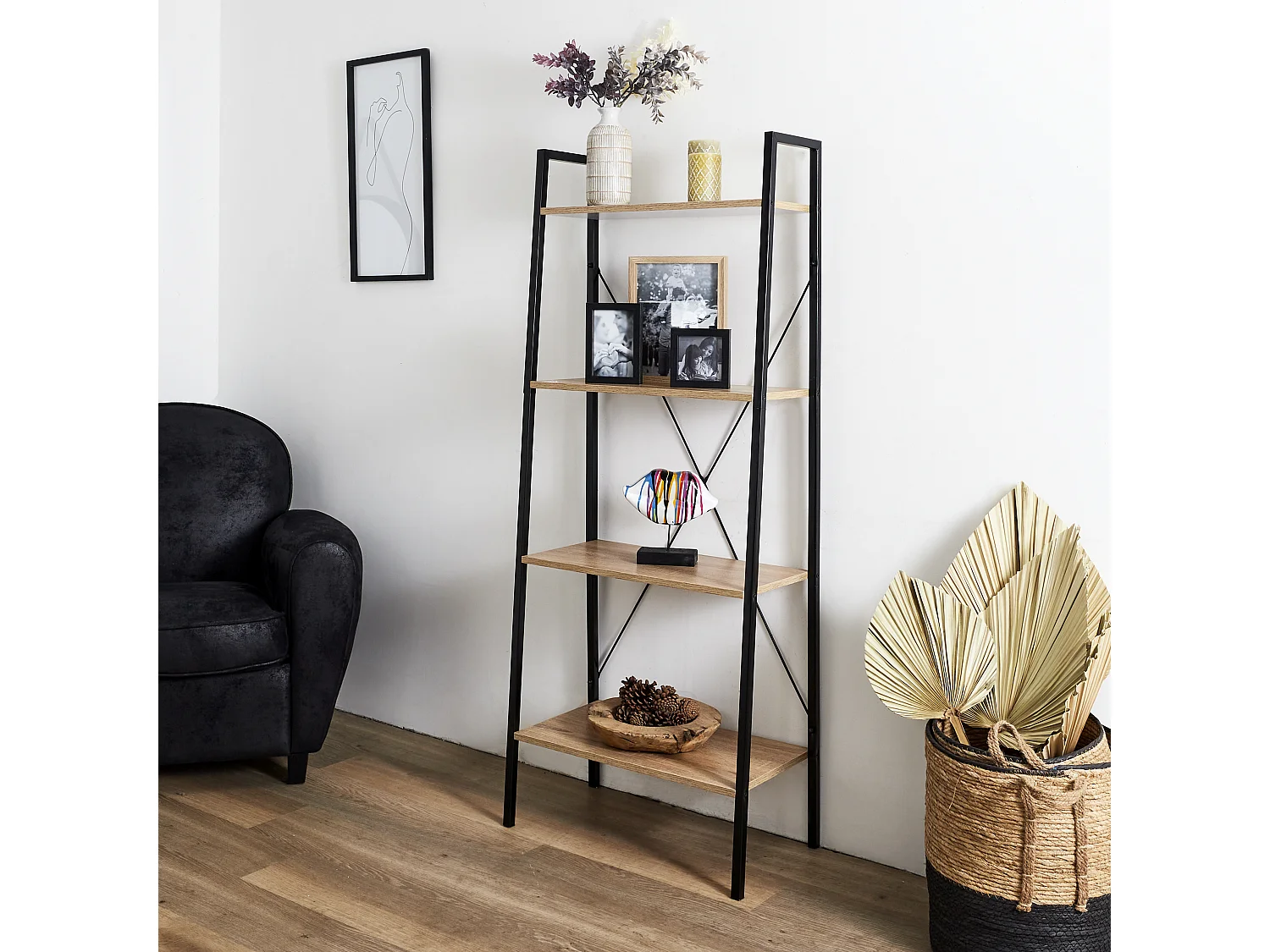 Etagere Bois Et Metal 148x60x32.5 Beige, Noir