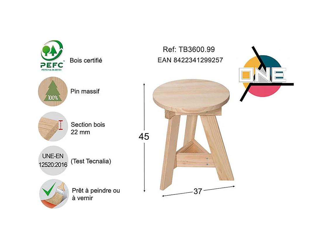 Tabouret bas en pin massif One