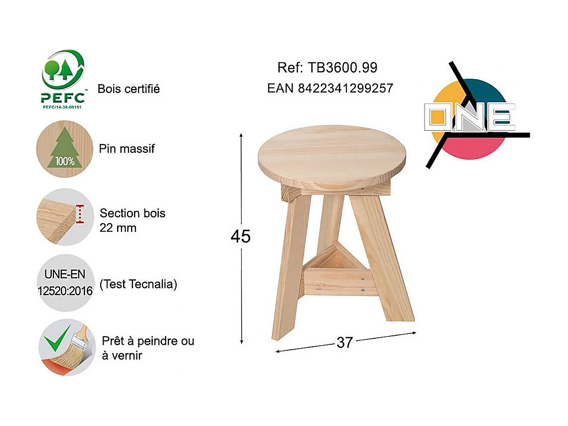 Tabouret bas en pin massif One