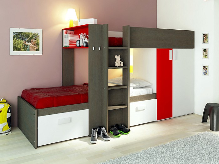 Cama litera 2x90x190 cm, armario integrado, marron topo y rojo JULIEN