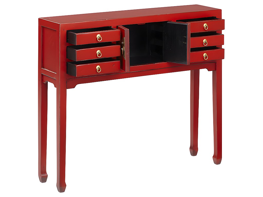Mesa consola 6 cajones madera de pino color rojo MITSUKO