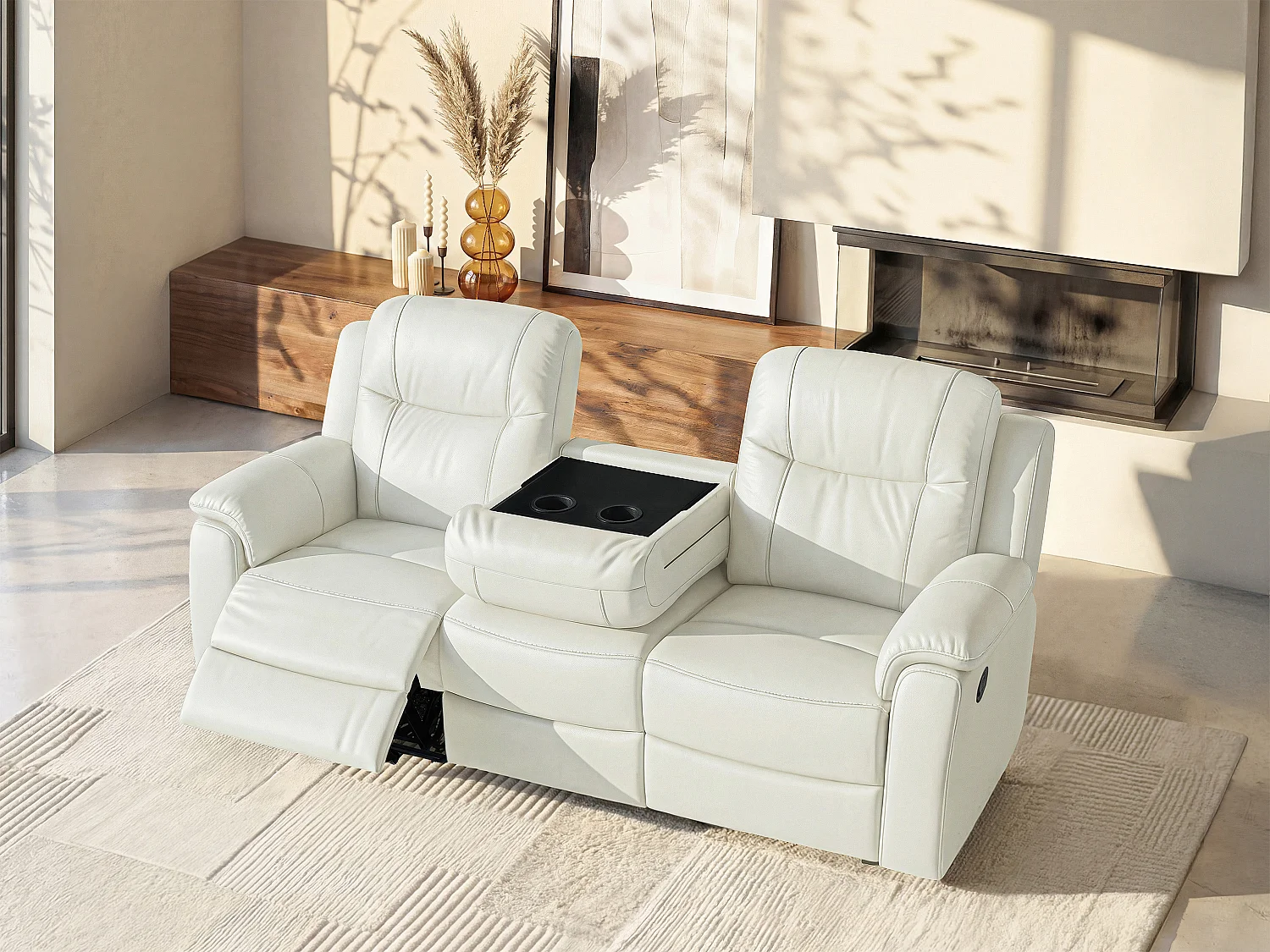 Kanapa skórzana 3-osobowa EVASION z funkcją relax - biały kość słoniowa