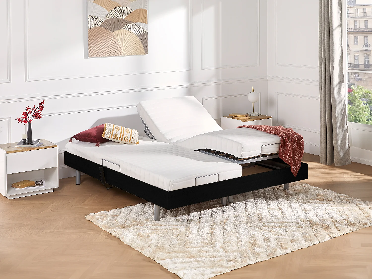 Lit électrique de relaxation tout plots + matelas latex - 2 x 80 x 200 cm - Noir - CASSIOPEE III de YSMÉE