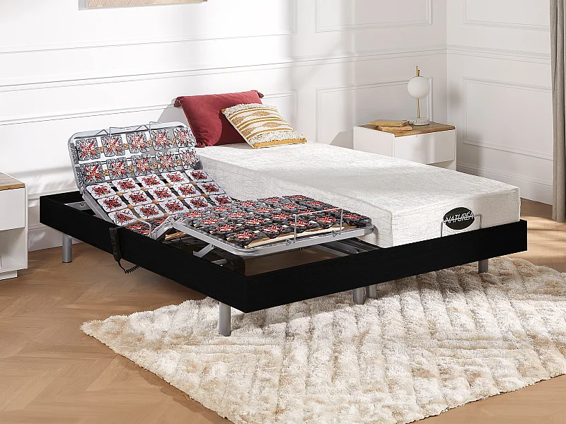 Lit électrique de relaxation tout plots + matelas mémoire de forme et bambou - 2 x 90 x 200 cm - Noir - LYSIS III de NATUREA