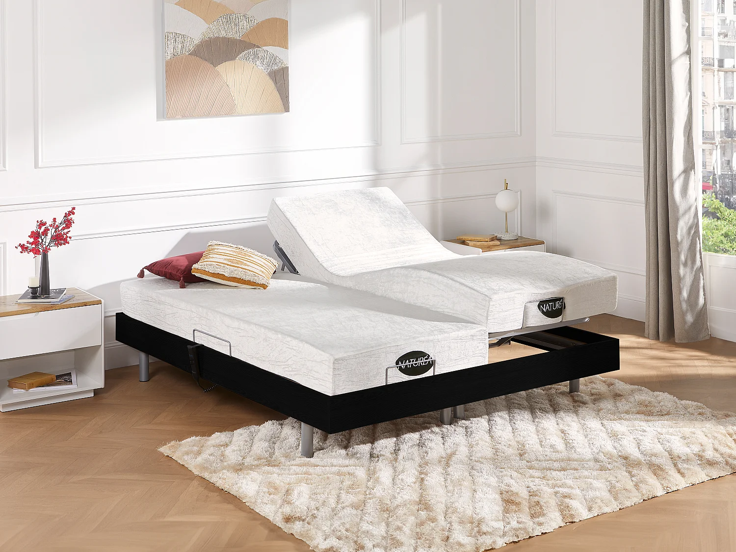 Elektrisch bed - bedbodem en matras - met vormgeheugen en bamboe LYSIS III van NATUREA - motoren OKIN - 2 x 90 x 200 cm - zwart