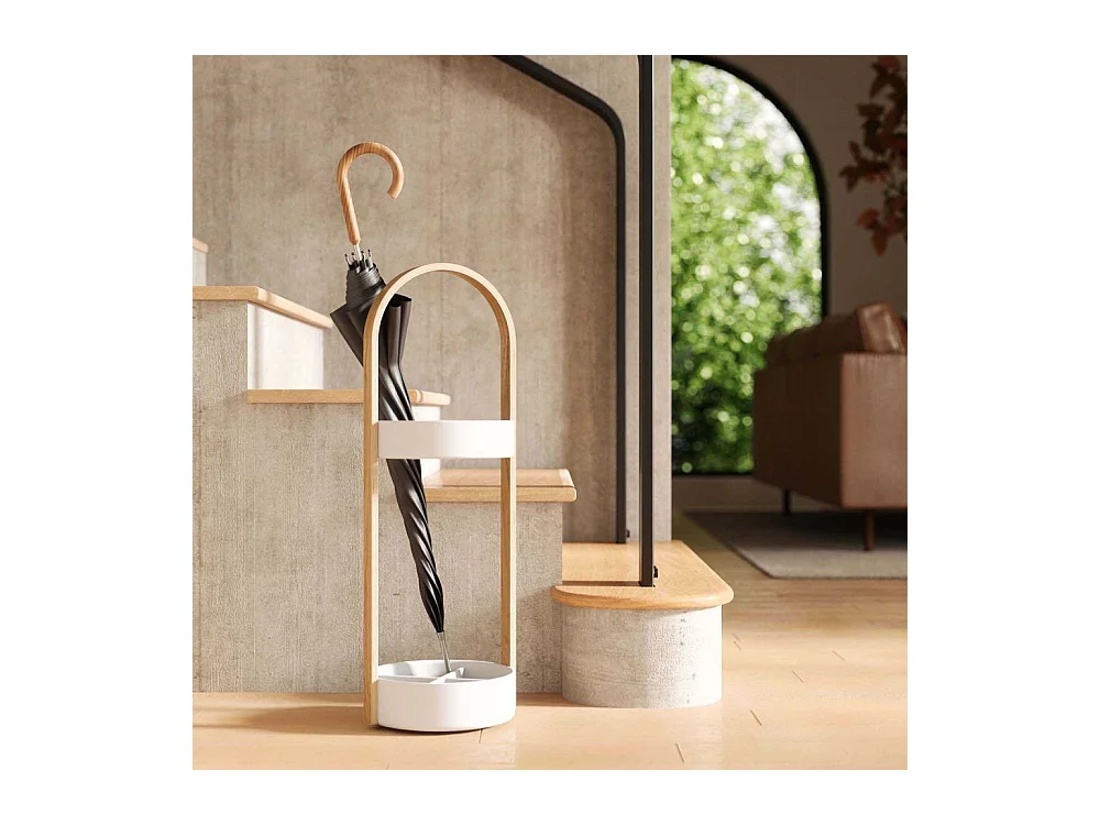 Porte parapluies bois et métal Hub Blanc/Naturel