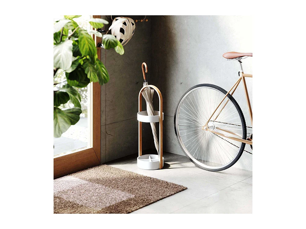 Porte parapluies bois et métal Hub Blanc/Naturel