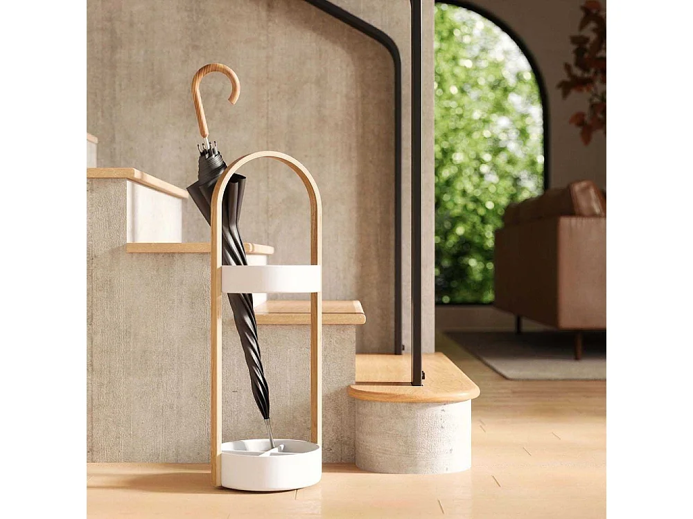 Porte parapluies bois et métal Hub Blanc/Naturel