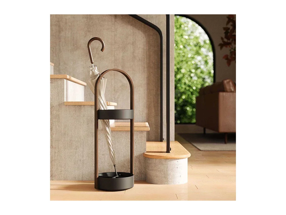 Porte parapluies bois et métal Hub Noir/Noyer