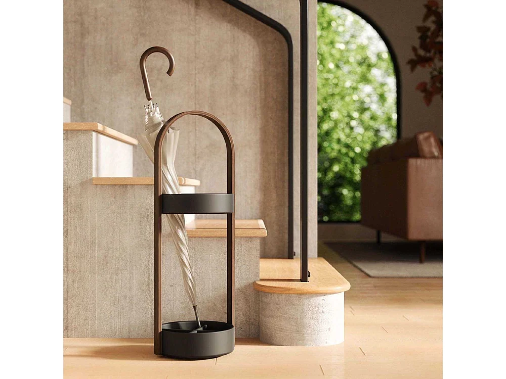 Porte parapluies bois et métal Hub Noir/Noyer