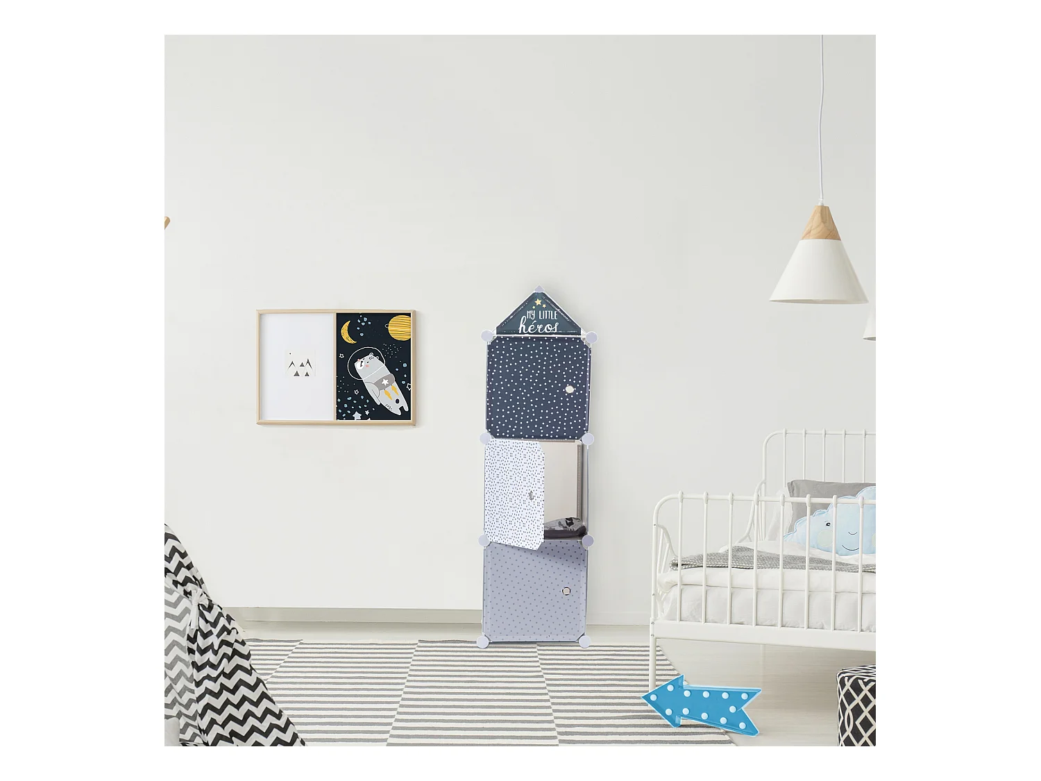 Rangement Armoire Modulable 3 Cubes Garcon Gris, Bleu, Blanc