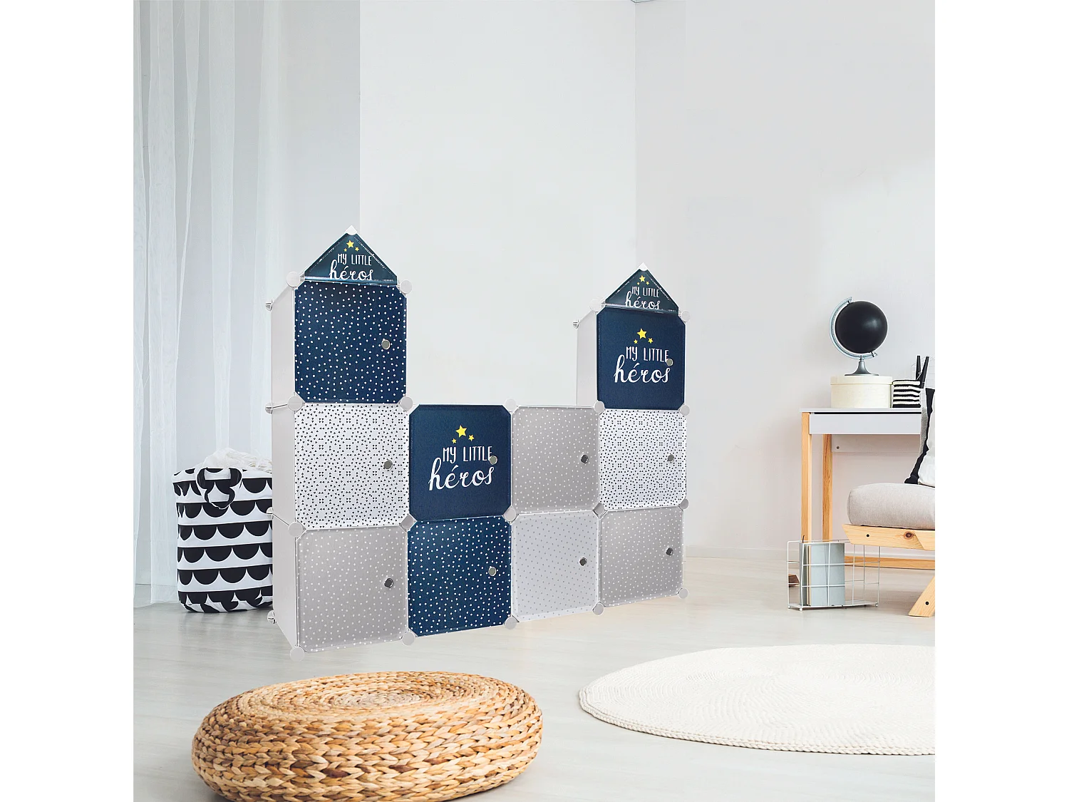 Rangement Armoire Modulable 3 Cubes Garcon Gris, Bleu, Blanc