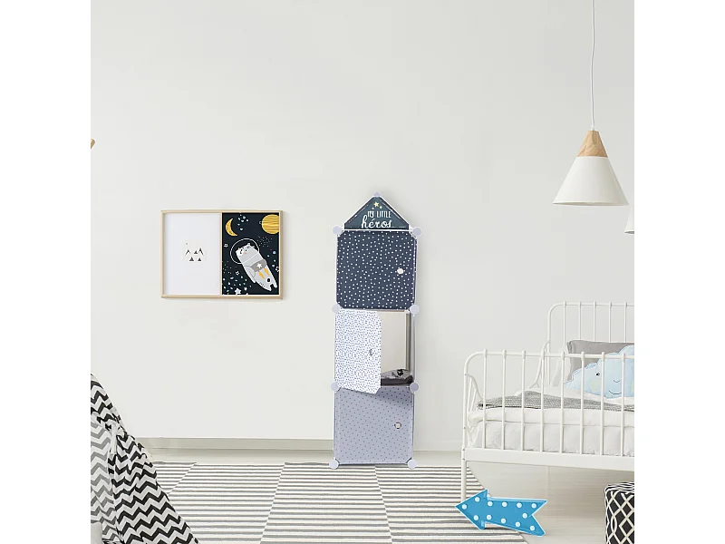 Rangement Armoire Modulable 3 Cubes Garcon Gris, Bleu, Blanc