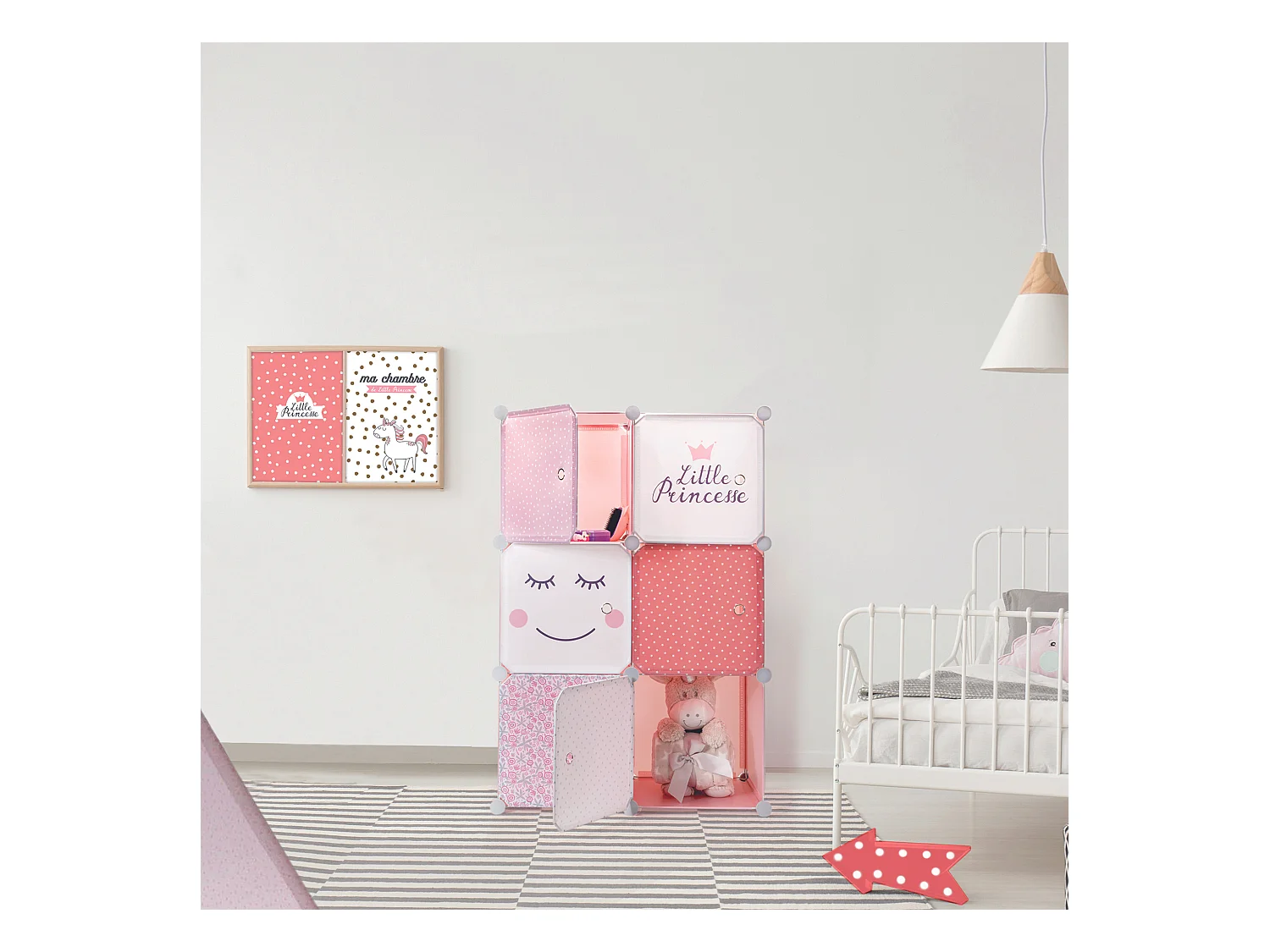 Rangement Armoire Modulable 6 Cubes Fille Rose, Blanc, Gris, Violet