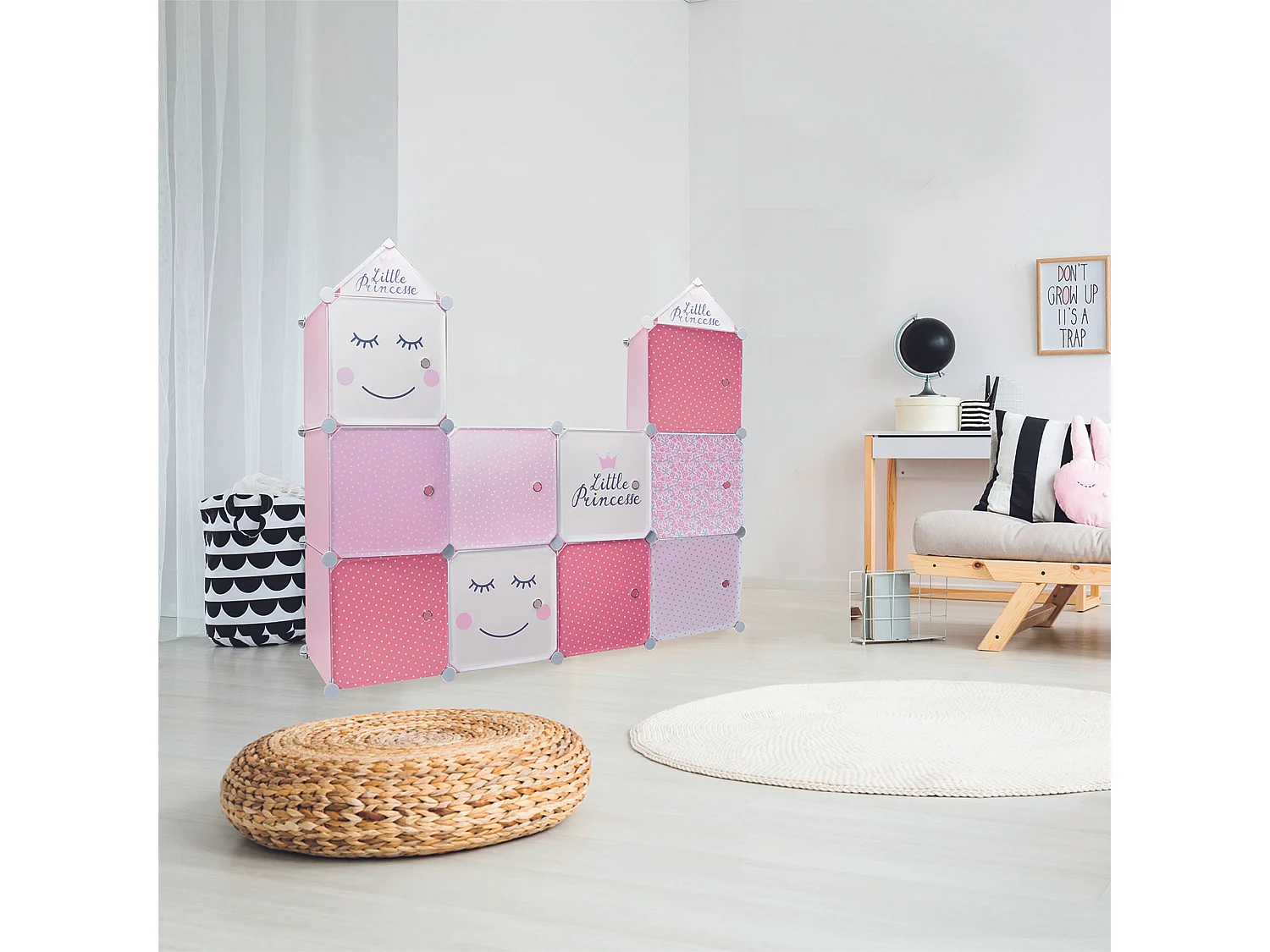 Rangement Armoire Modulable 6 Cubes Fille Rose, Blanc, Gris, Violet